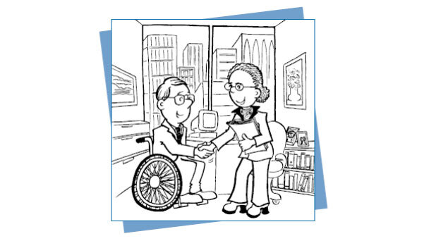 Grafika rysunkowa przedstawiająca witającą się osobę z osobą na wózku inwalidzkim