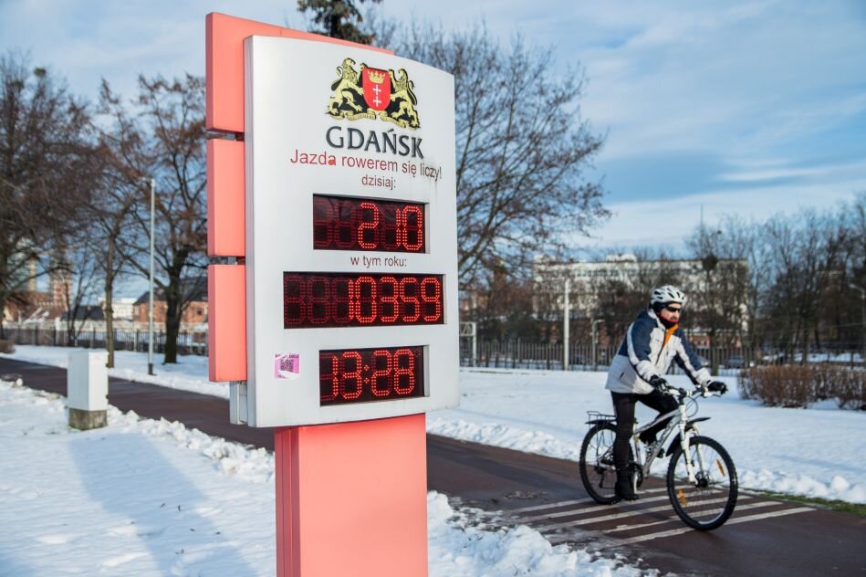 licznik rowerowy z cyferblatem, w tle ciepło ubrany rowerzysta, plener pokryty śniegiem