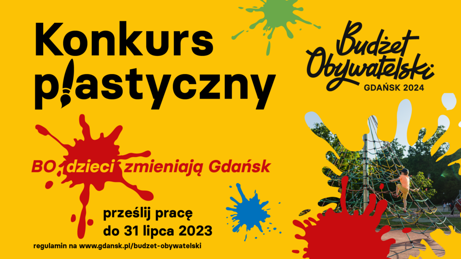 na żółtym tle kolorowe kleksy farby i napis konkurs plastyczny - BO dzieci zmieniają Gdańsk