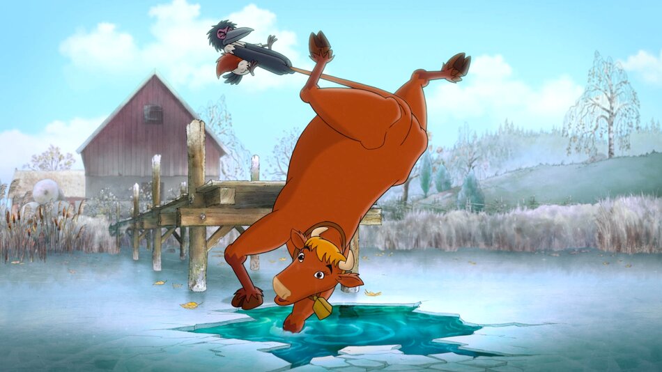 Animacja - wielka krowa skacze głową w dół do jeziorka, w tle dom