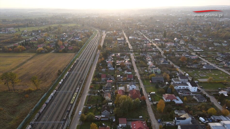 zdjęcie z drona, po prawej widać domki jednorodzinne otoczone zielonymi działeczkami, po lewej szeroki pas torów kolejowych, a za nimi zielone pola uprawne