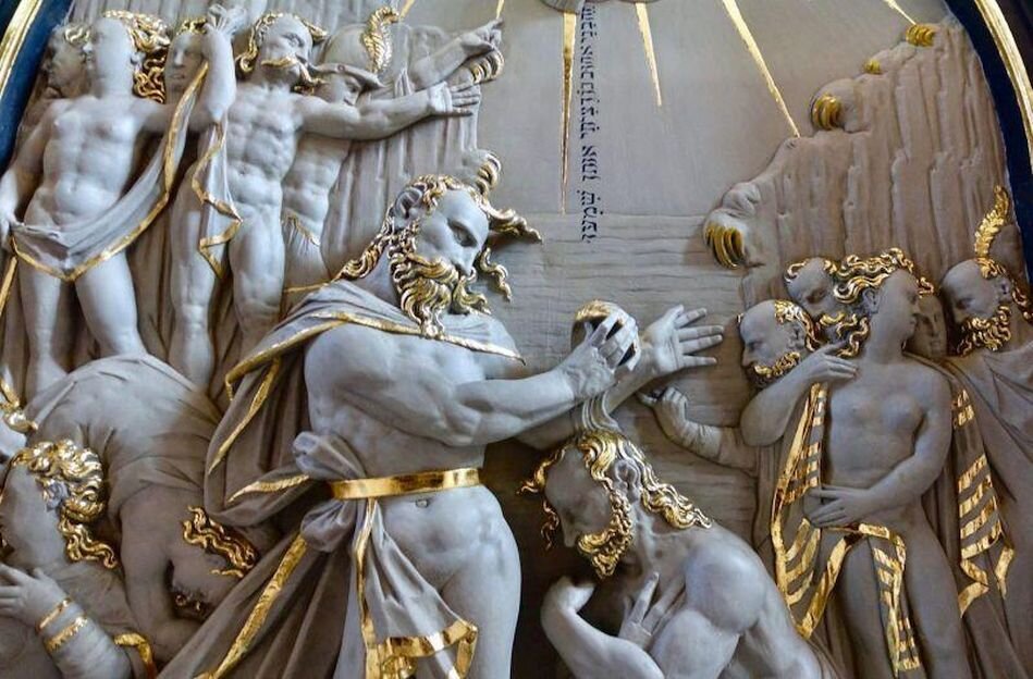 płaskorzeźba przedstawiająca Jana Chrzciciela i Jezusa podczas momentu chrztu w rzece Jordan