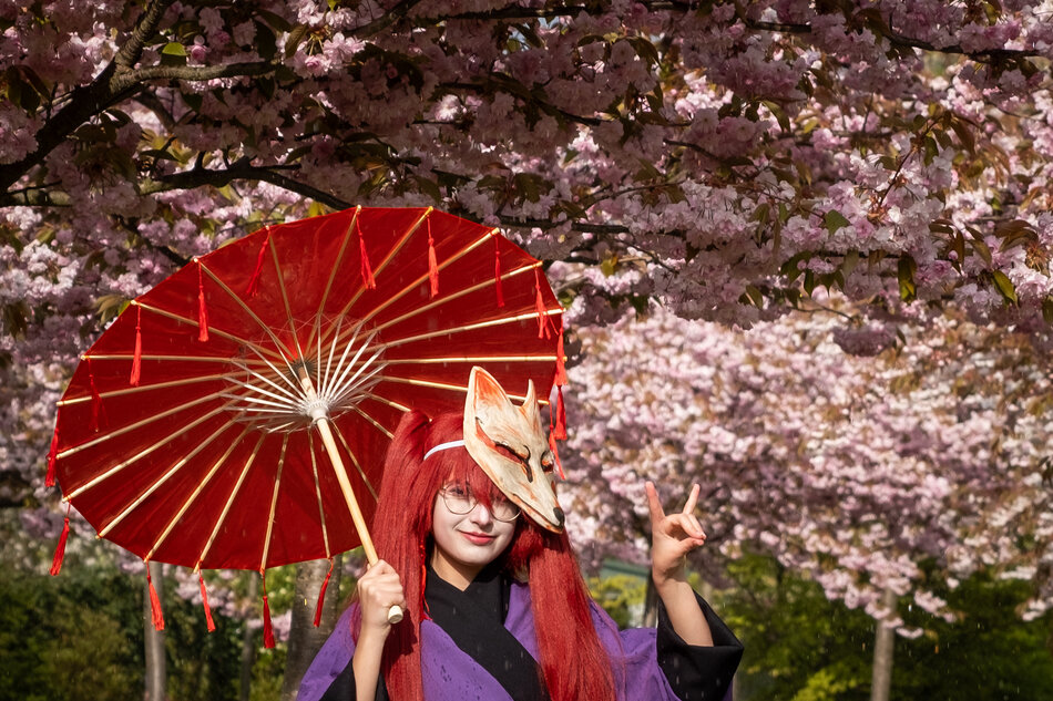 Na zdjęciu widoczna jest osoba w tradycyjnym japońskim stroju, prawdopodobnie yukacie, trzymająca czerwony parasol. Osoba ta ma na sobie maskę przypominającą lisa, co może sugerować inspirację kulturową związaną z japońskim folklorem lub festiwalem. Tło obrazu stanowią kwitnące drzewa sakury, co dodaje zdjęciu atmosfery i podkreśla japoński motyw. Postać pozuje na tle różowych kwiatów, tworząc V ręką w geście zwycięstwa lub pokoju. Czerwone włosy osoby kontrastują z pastelowymi kolorami otoczenia.