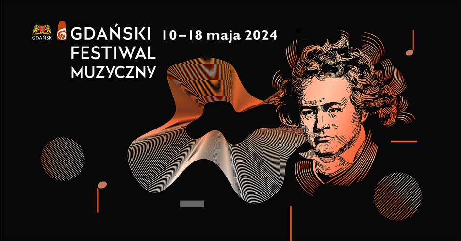 Plakat Gdański Festiwal Muzyczny. Jednym z elementów jest narysowana twarz Ludwiga van Beethovena