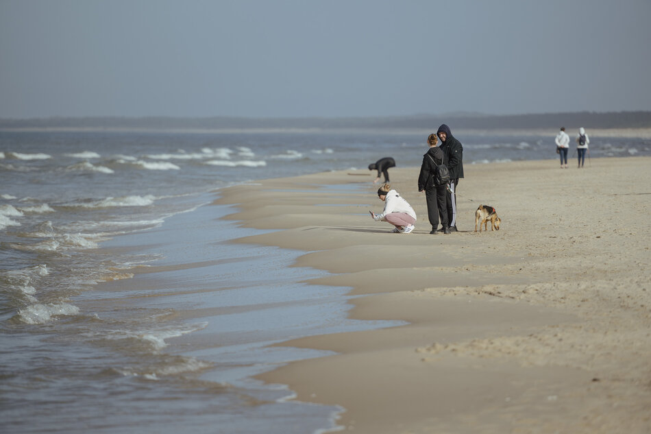 na zdjęciu plaża, widać wodę morską i piasek, stoi tam kilkoro młodych ludzi, jedna z kobiet kuca i robi zdjęcie telefonem