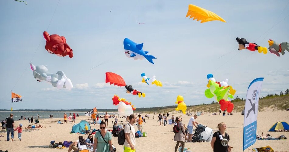 latawce w różnych kształtach na plaży na początku sezonu