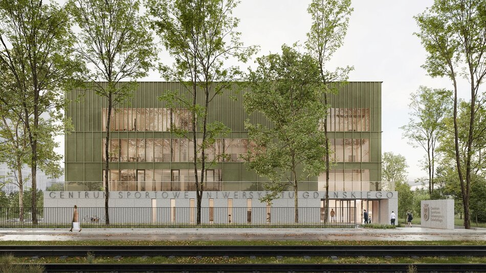 Wizualizacja przedstawia nowoczesny budynek Centrum Sportowego Uniwersytetu Gdańskiego, z prostą, geometryczną fasadą i dużymi oknami. Przed budynkiem znajdują się drzewa i ogrodzenie, a po obu stronach chodnika widać ludzi spacerujących w jego kierunku.