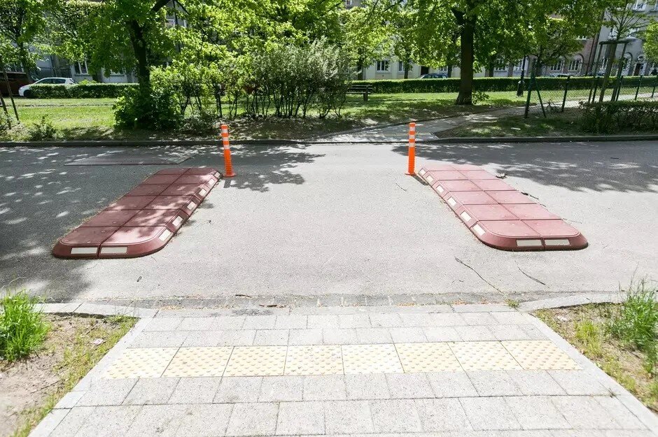 Na zdjęciu widać dwa czerwone progi zwalniające umieszczone na drodze w otoczeniu drzew i zieleni. Przed progami, na chodniku, znajduje się żółta tablica z wypustkami dla osób niewidomych.
