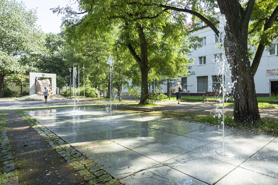 zdjęcie parku z fontanną na pierwszym planie. Park otoczony jest zielenią, za nią widoczne bloki