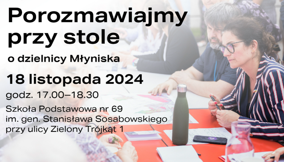 Na zdjęciu znajduje się plakat zapraszający na spotkanie z prezydent Gdańska Aleksandrą Dulkiewicz dotyczące dzielnicy Młyniska. Wydarzenie odbędzie się 18 listopada 2024 roku w godzinach 17:00-18:30 w Szkole Podstawowej nr 69 przy ulicy Zielony Trójkąt 1.