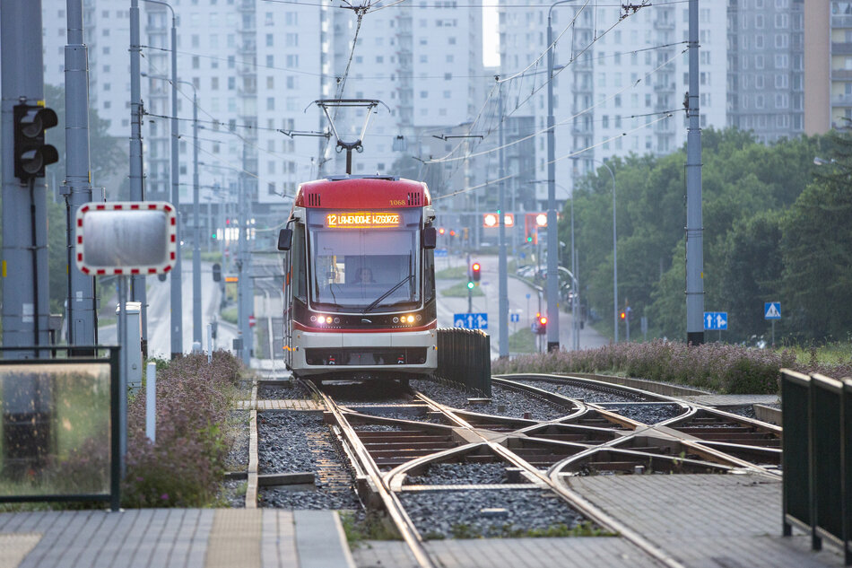 Na zdjęciu znajduje się nowoczesny tramwaj poruszający się po torach w miejskim krajobrazie z wysokimi budynkami w tle. Tory rozgałęziają się, a wokół nich rośnie roślinność, co sugeruje obecność przystanku lub zajezdni tramwajowej.