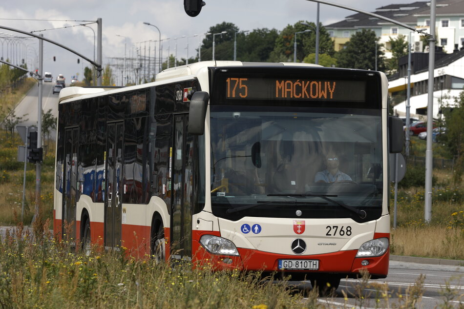 Na zdjęciu widoczny jest miejski autobus linii 175 jadący w kierunku Maćkowy w Gdańsku. Pojazd marki Mercedes-Benz Citaro, oznaczony numerem bocznym 2768, porusza się po nowoczesnej, dobrze oznakowanej trasie. 