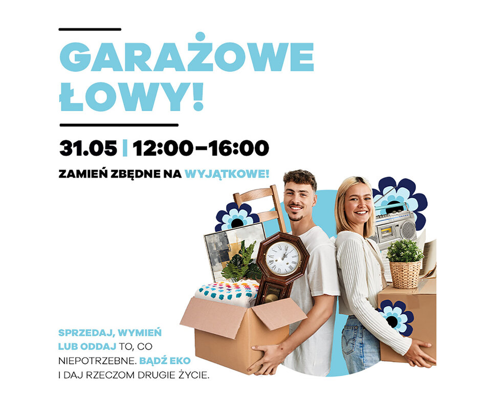 Grafika informująca o garażowej wyprzedaży w centrum handlowym.