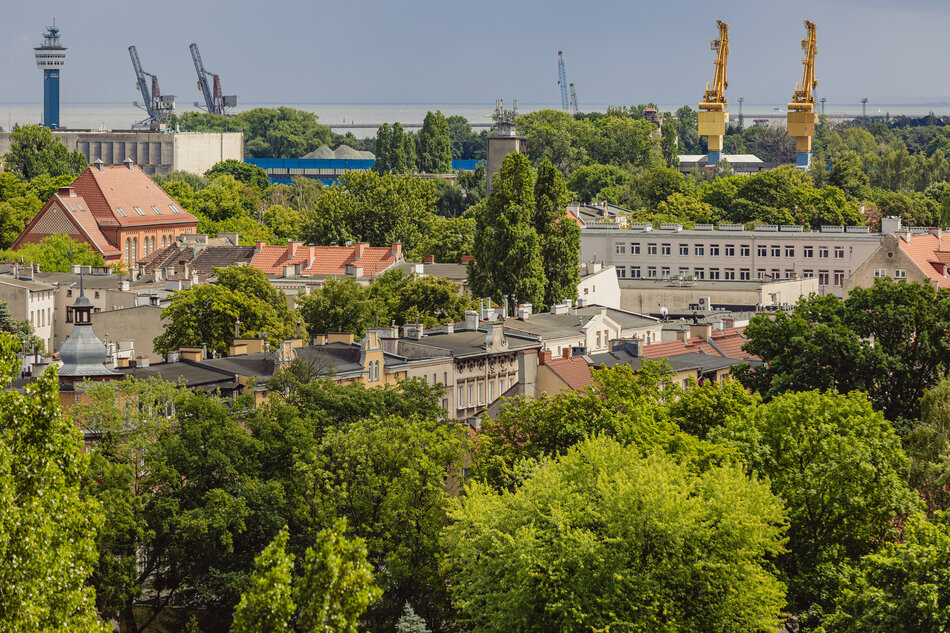 Zdjęcie przedstawia zieloną, nadmorską dzielnicę z niską zabudową i licznymi drzewami, w tle widać charakterystyczne żółte dźwigi portowe oraz wybrzeże. Panorama ukazuje kontrast między spokojną zabudową mieszkalną a przemysłowym nabrzeżem portowym. 