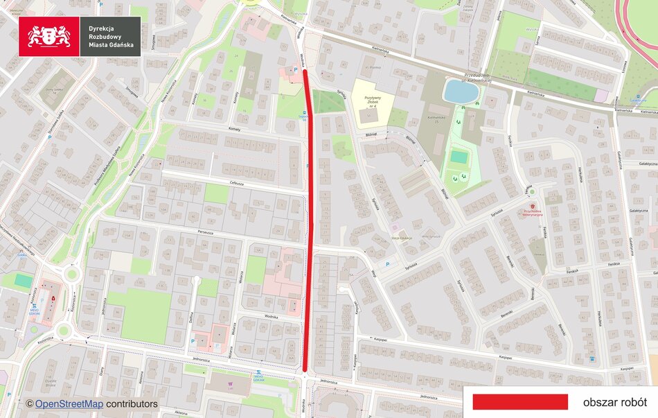 Grafika z mapą pokazującą roboty drogowe.