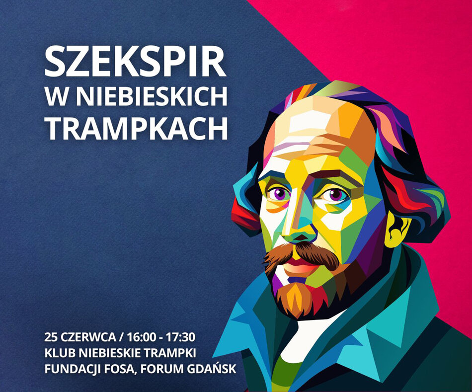 Grafika z kolorową twarzą Wiliama Szekspira informująca o warsztatach dla młodzieży.