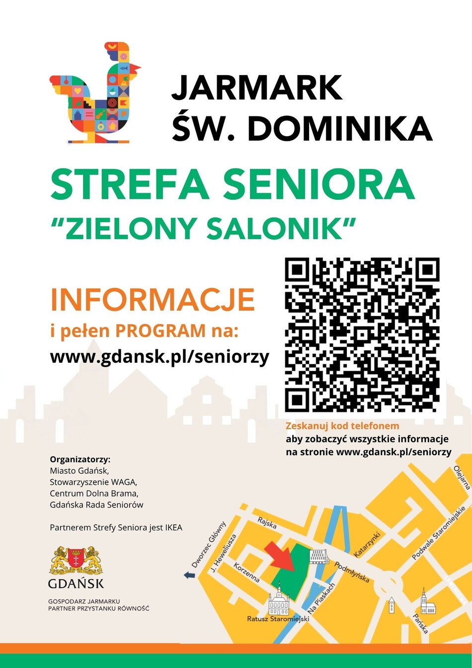 Plakat zaprasza seniorów na „Zielony Salonik” – specjalną strefę podczas Jarmarku św. Dominika w Gdańsku. Znajdziesz tam program i informacje na stronie www.gdansk.pl/seniorzy – możesz zeskanować kod QR. Miejsce: Skwer Heweliusza, przy Ratuszu Staromiejskim. Organizatorem jest Miasto Gdańsk i partnerzy, a wspiera IKEA.