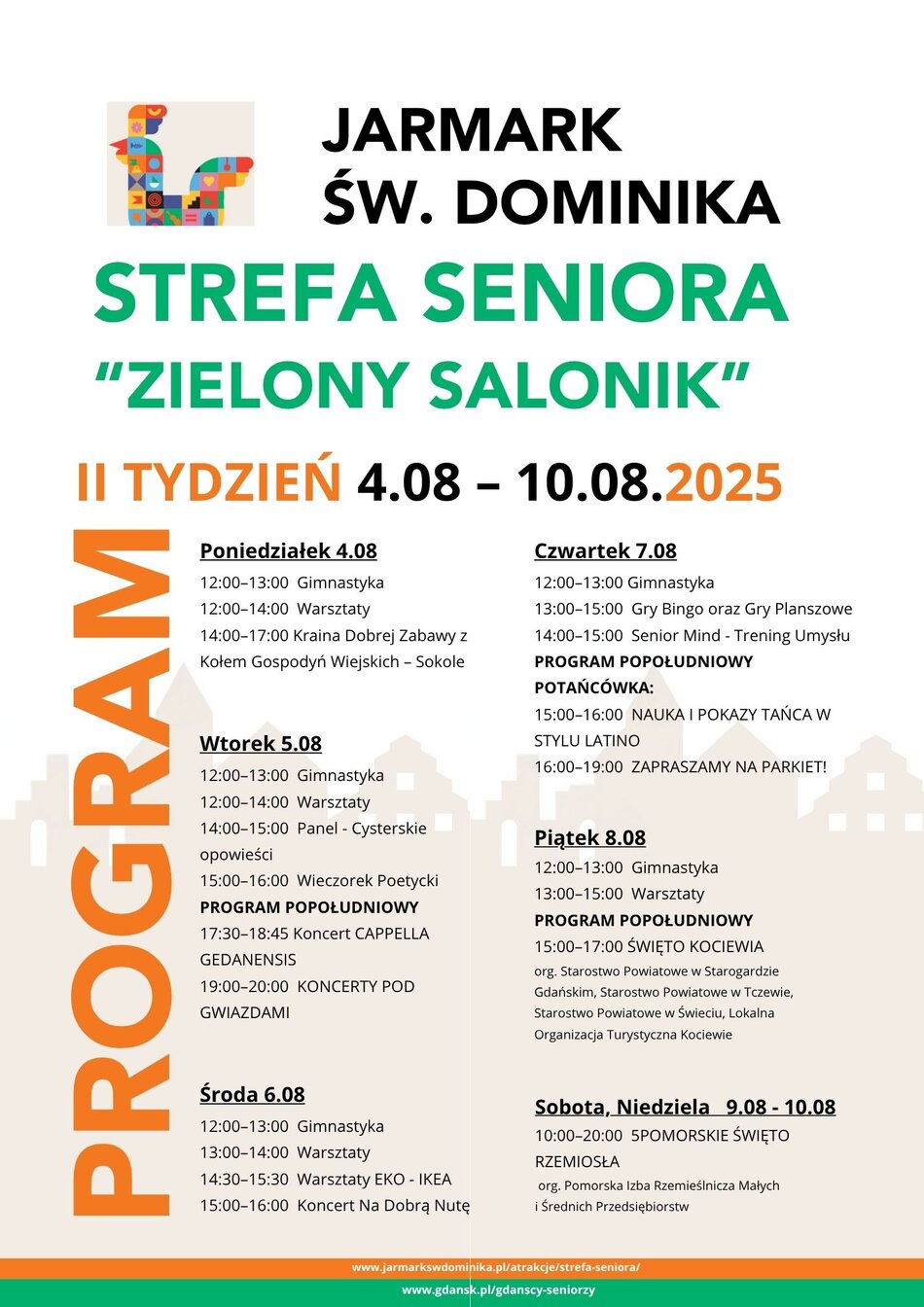 Plakat informacyjny zapowiadający program „Strefy Seniora – Zielony Salonik” w dniach 4–10 sierpnia 2025 r. w ramach Jarmarku św. Dominika w Gdańsku.