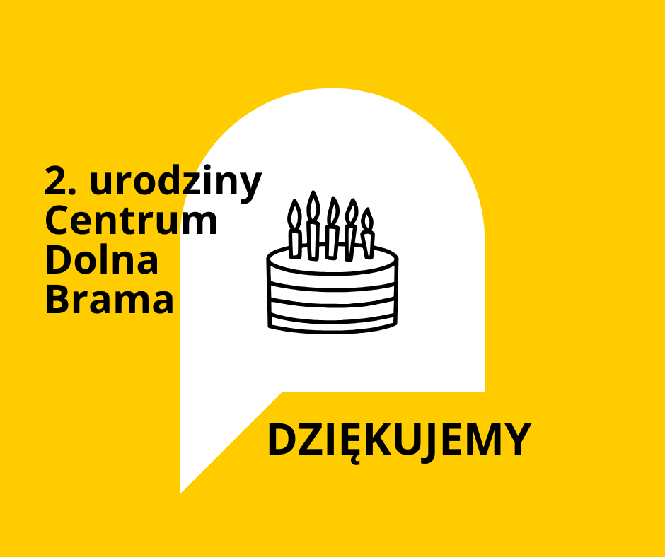 Grafika: na żółtym tle znajduje się biały symbol bramy, w której umieszczona jest grafika tortu z urodzinowymi świeczkami oraz napisy: 2. urodziny centrum dolna brama dziękujemy