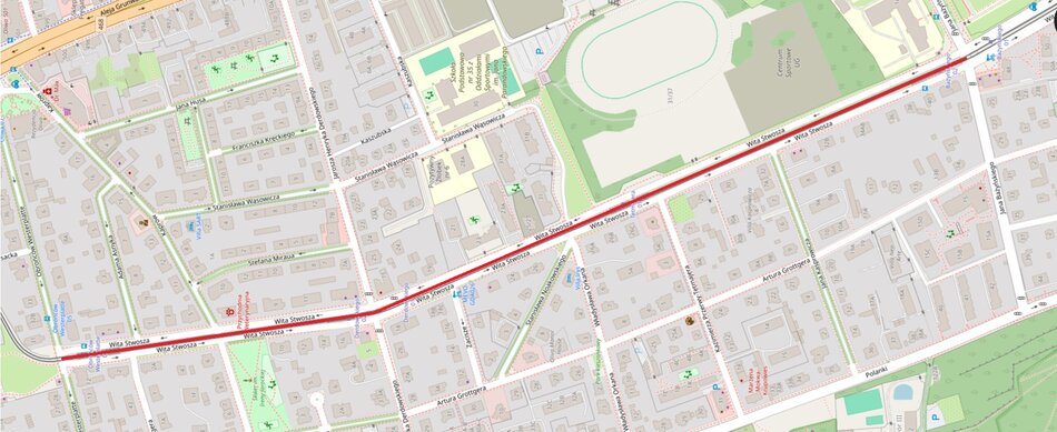 Mapa miasta z zaznaczonym na czerwono odcinkiem ulicy.