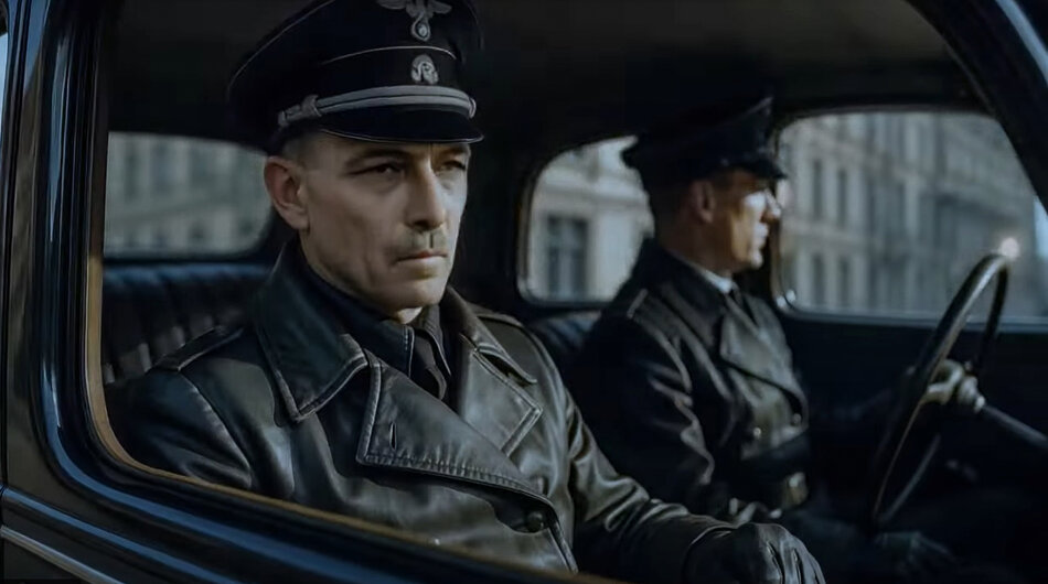 Przez okno starego samochodu widać dwóch esesmanów. Jeden z nich kieruje samochodem.