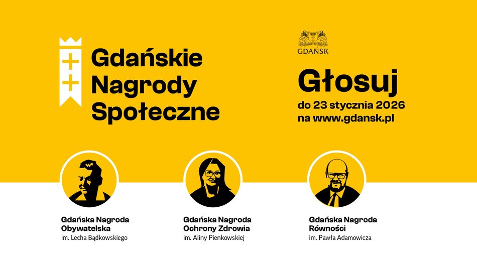 Baner z grafikami twarzy patronów podstawowymi informacjami o głosowaniu na Gdańskie Nagrody Społeczne
