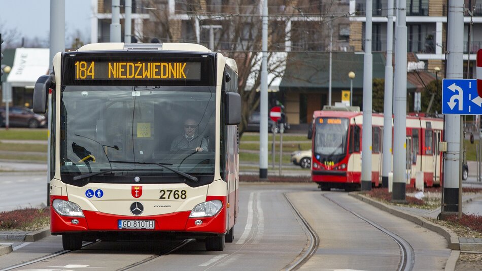 Autobus po lewej i tramwaj po prawej - jadą w kierunku widza