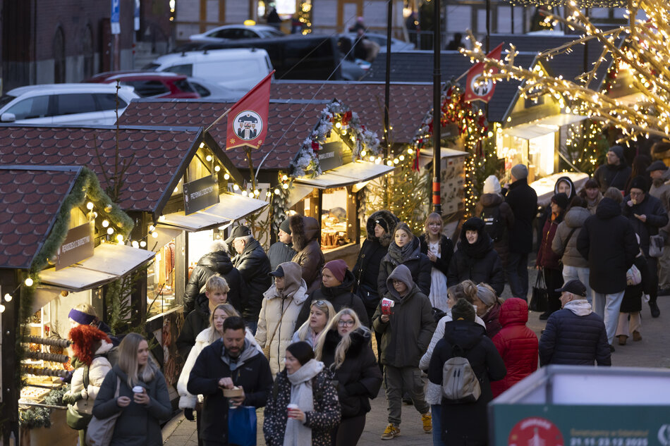 na zdjęciu tłum ludzi spacerujących wzdłuż jarmarkowych kramów