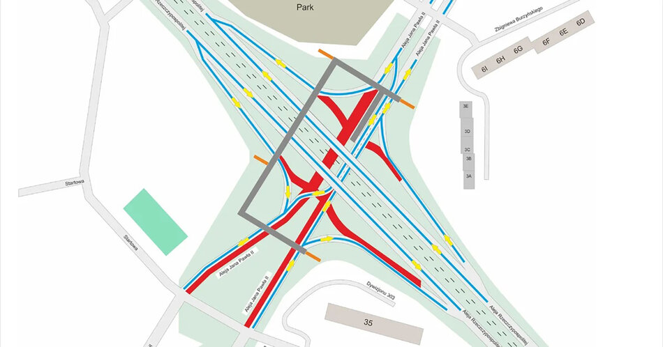 Grafika mapa fragmentu miasta z zaznaczonymi zmianami w organizacji ruchu.