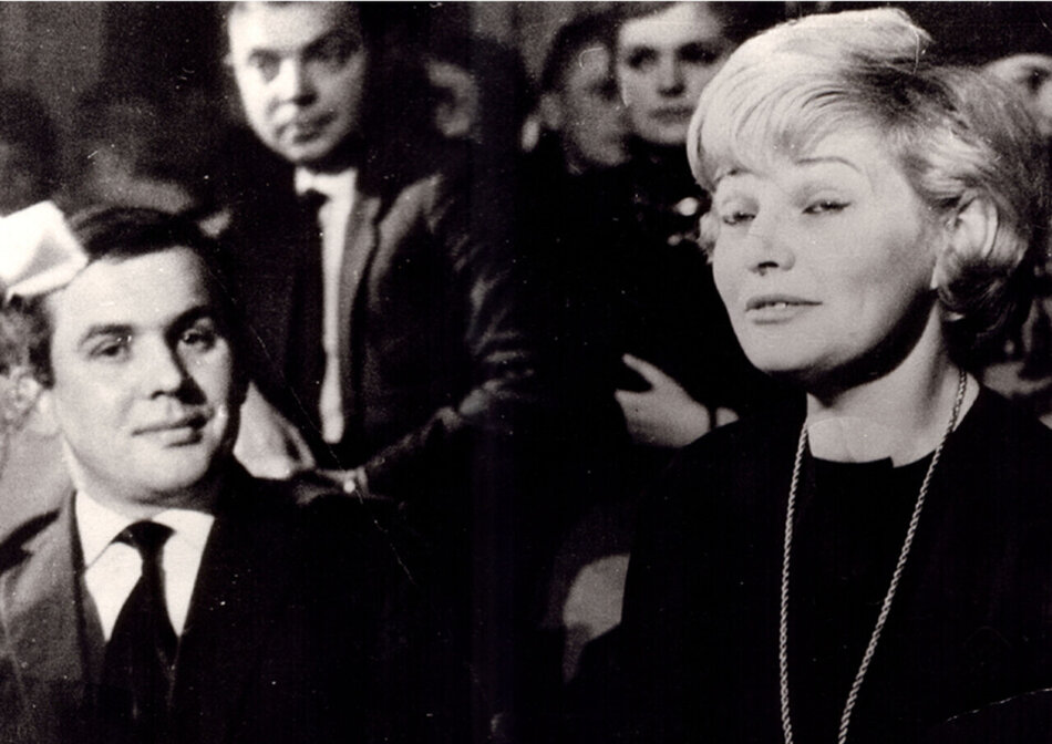 Lucjan Bokiniec i Lucyna Winnicka po projekcji filmu Pociąg Jerzego Kawalerowicza, KSW Żak, 1959 r. - materiały Klubu Żak DKF