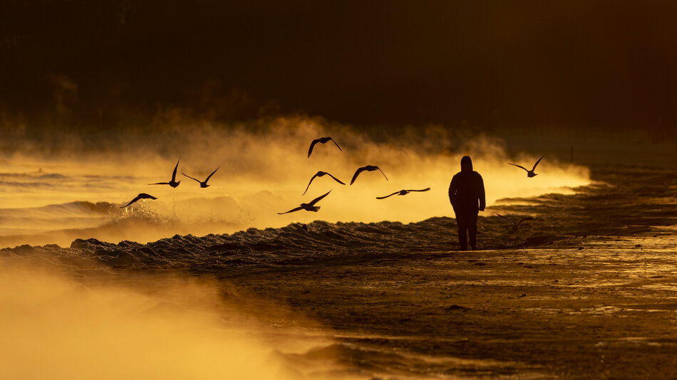 Parujące morze na plaży w Brzeźnie