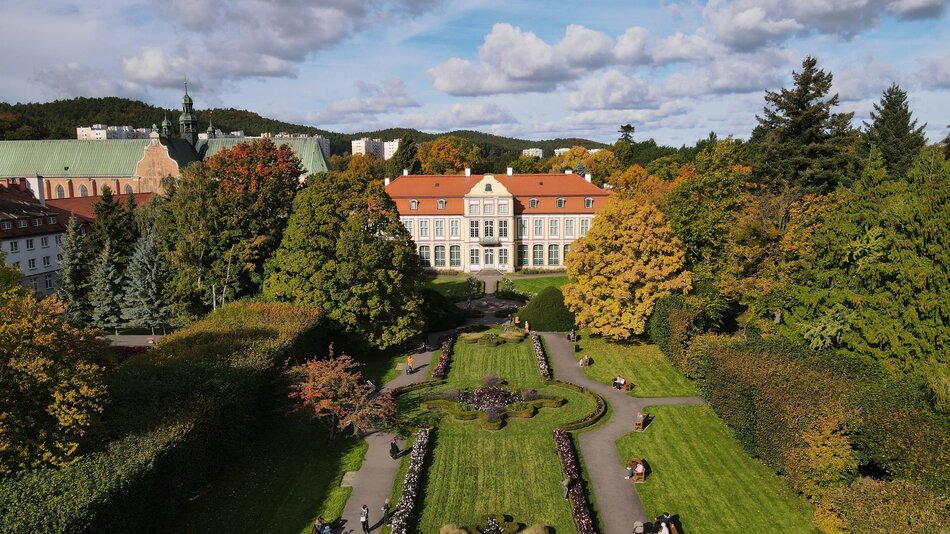 Zjecie z lotu ptaka, widok na park z ogrodem francuskim, drzewami i pałacem. 