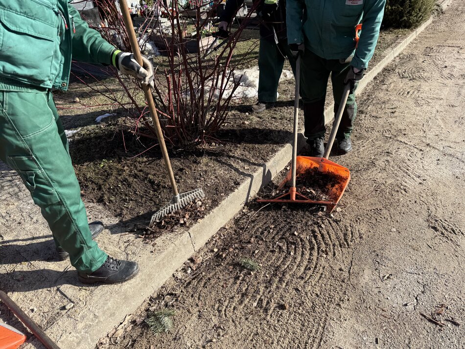 na zdjęciu dwie pary ludzkich nóg i plastikowa łopata na którą zbierany jest piach z chodnika