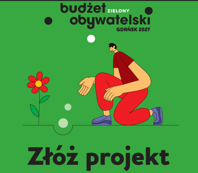 grafika z zielonym tłem i kolorowym ludzikiem, który klęka przy kwiatku