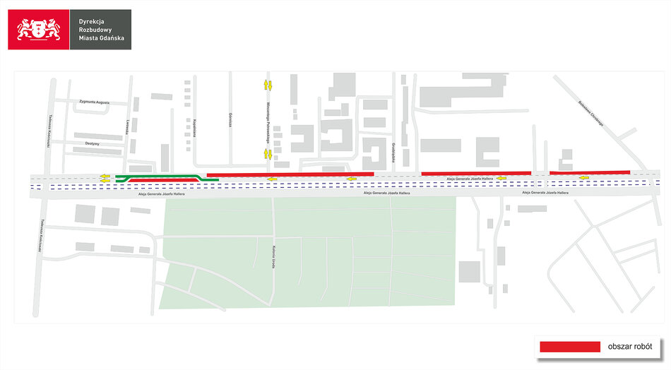 Grafika z mapą fragmentu miasta z zaznaczonym na czerwono odcinkiem ulicy, na którym będą prowadzaną roboty. 
