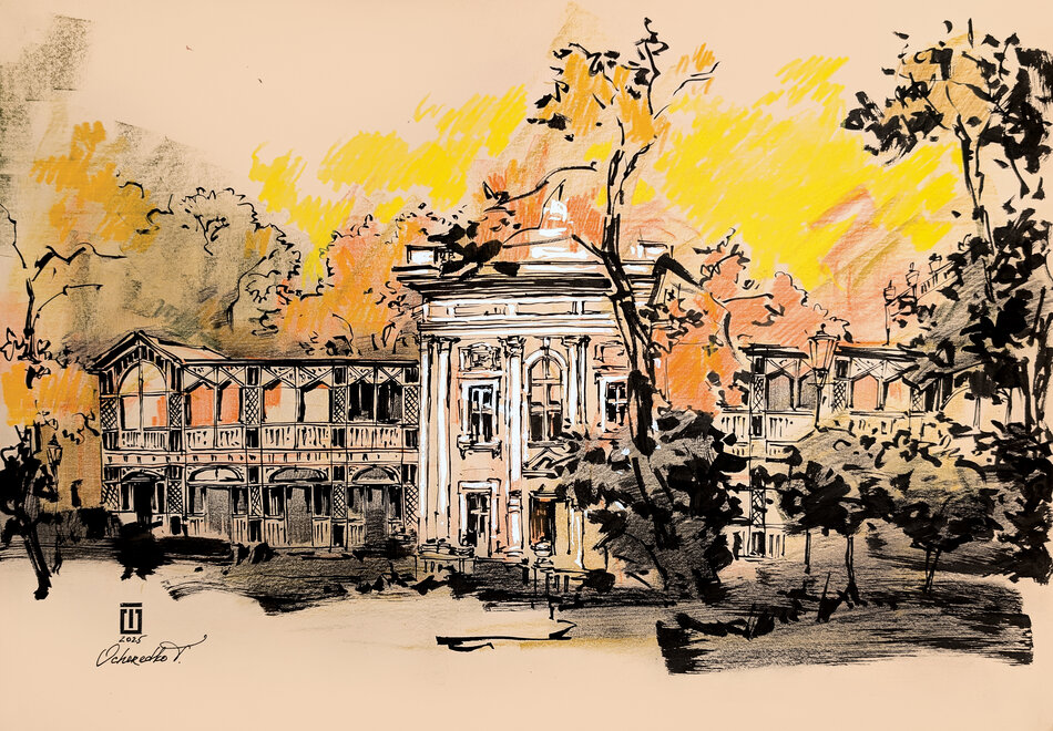 Powyższa grafika to nastrojowy szkic przedstawiający zabytkowy pałac otoczony drzewami, wykonany przy użyciu czarnego tuszu oraz dynamicznych plam koloru w odcieniach żółci i pomarańczu. Praca charakteryzuje się kontrastem między precyzyjną linią architektury a swobodnym, ekspresyjnym tłem, które przywodzi na myśl ciepłe światło zachodzącego słońca. 