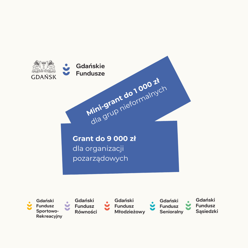 Grafika informacyjna Gdańskich Funduszy z logo miasta Gdańsk. Tekst informuje o możliwościach dofinansowania: mini-grant do 1 000 zł dla grup nieformalnych oraz grant do 9 000 zł dla organizacji pozarządowych. Na dole widoczne są nazwy programów: Gdański Fundusz Sportowo-Rekreacyjny, Równości, Młodzieżowy, Senioralny i Sąsiedzki.