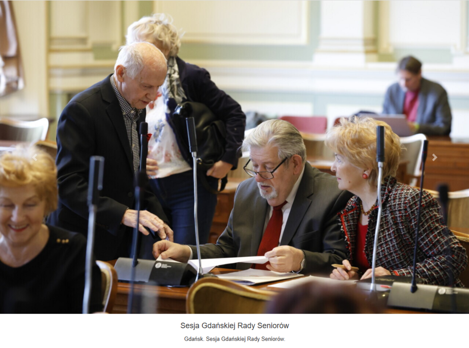 Zdjęcie przedstawia uczestników sesji Gdańskiej Rady Seniorów w sali obrad. W centrum widać dwoje siedzących radnych – mężczyznę w okularach, szarym garniturze i czerwonym krawacie, który przegląda dokumenty, oraz kobietę w eleganckim żakiecie w czerwono-czarną kratę, patrzącą w jego stronę. Nad nimi stoi starszy mężczyzna w ciemnej marynarce, wskazujący ręką na trzymane przez nich papiery. Na stołach przed uczestnikami widoczne są mikrofony konferencyjne. W tle widać fragmenty sali z jasnymi ścianami oraz inne osoby biorące udział w spotkaniu. Pod zdjęciem znajduje się podpis: „Sesja Gdańskiej Rady Seniorów”
