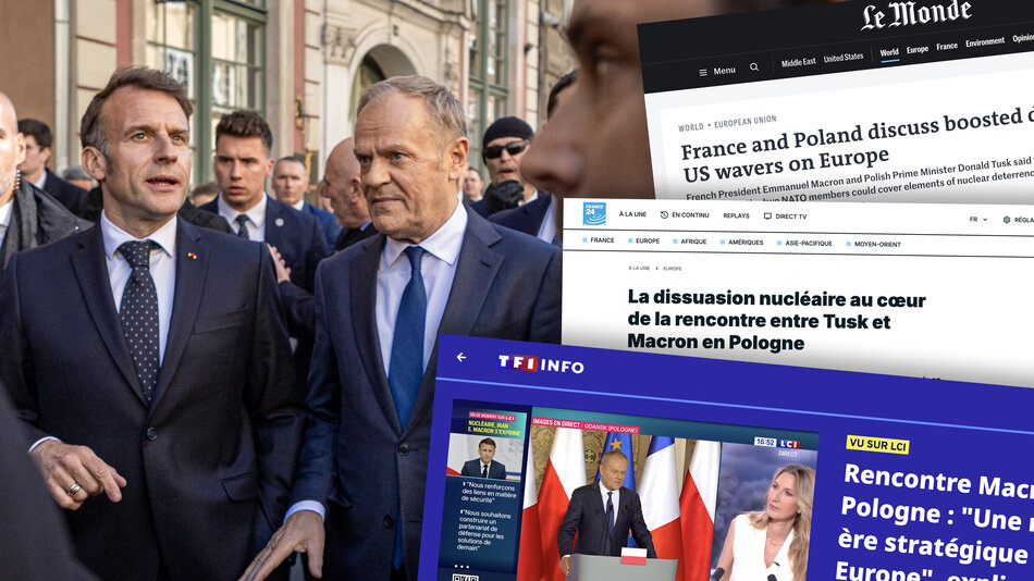 Zdjęcie ze spotkania prezydenta Macrona i premiera Tuska, po prawej nagłówki francuskich mediów 