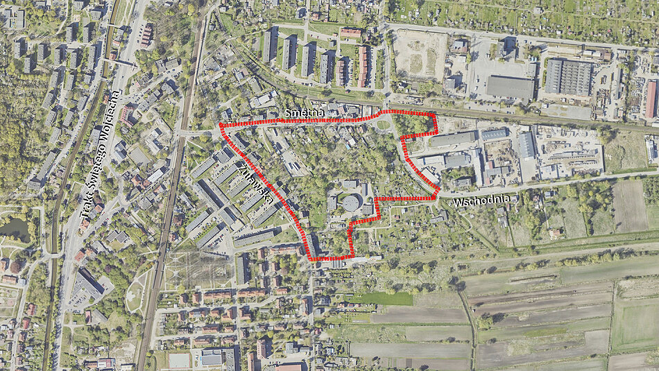 Mapa z fragmentem miasta z zaznaczonymi na czerwono granicami projektu miejskiego zmian przestrzennnych.