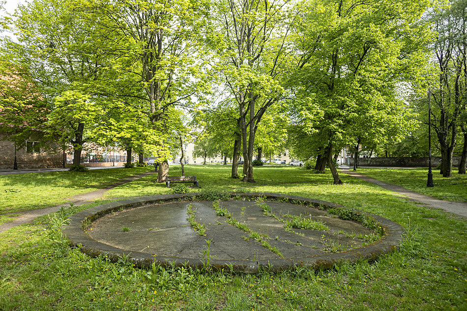 zielona przestrzeń parkowa z betonowym elementem pośrodku