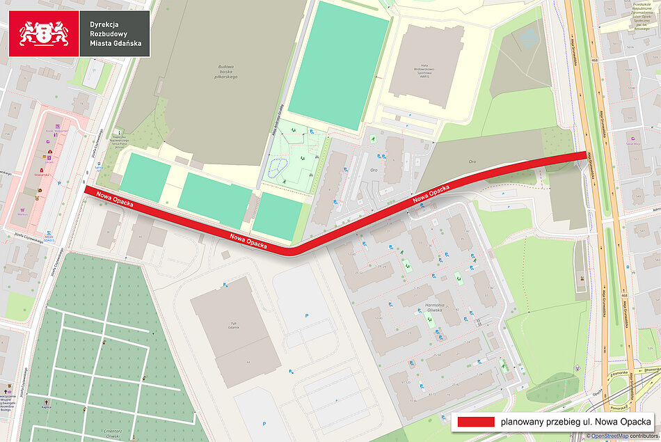 Mapa przedstawia planowany przebieg nowej ulicy Nowa Opacka w Gdańsku, oznaczonej grubą czerwoną linią. Droga ma połączyć ulicę Czyżewskiego z aleją Grunwaldzką, przebiegając w sąsiedztwie istniejącej zabudowy i terenów zielonych.