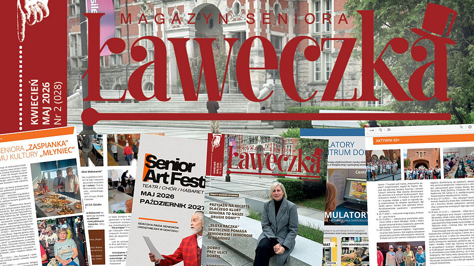 Grafika promocyjna przedstawiająca kolaż związany z magazynem seniora „Ławeczka” (wydanie kwiecień/maj 2026). Na górze znajduje się duży, czerwony nagłówek z nazwą pisma na tle zabytkowego gmachu. Poniżej zaprezentowano kompozycję nałożonych na siebie stron z artykułami, zdjęciami ze spotkań klubów seniora oraz materiałami informacyjnymi, w tym okładkę bieżącego numeru i plakat festiwalu „Senior Art Fest”.