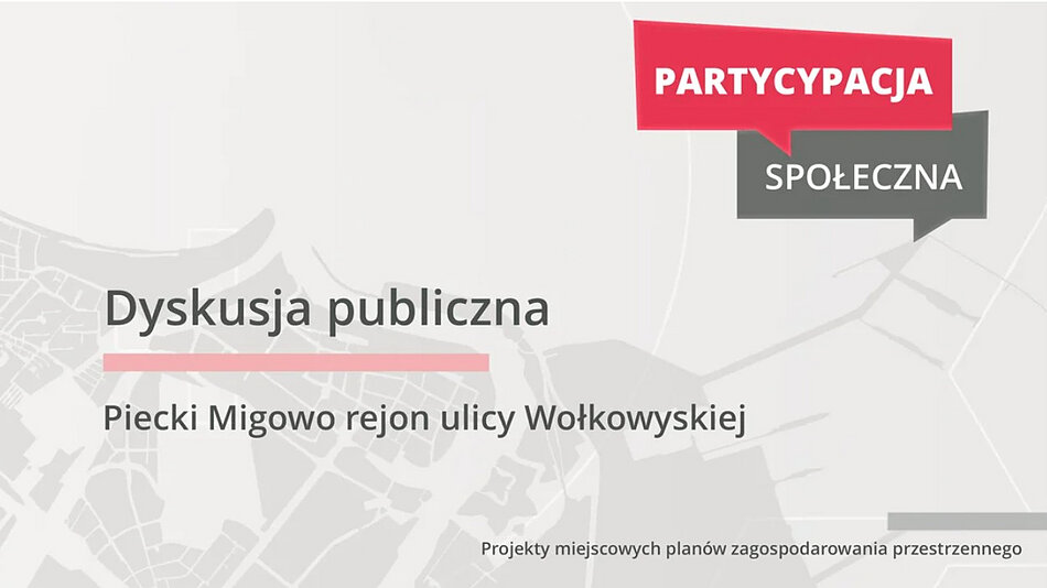 Infografika z tłem w postaci szarego planu Gdańska. Po prawej napisy informujące o dacie i godzinie dyskusji publicznej