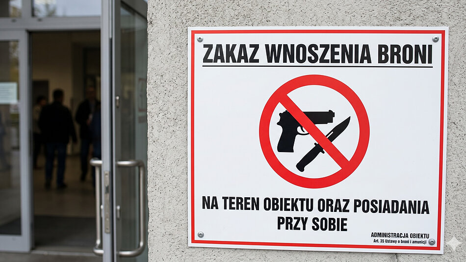 Ilustracja przedstawia ścianę budynku z zawieszoną na niej tablicą zakazu noszenia broni