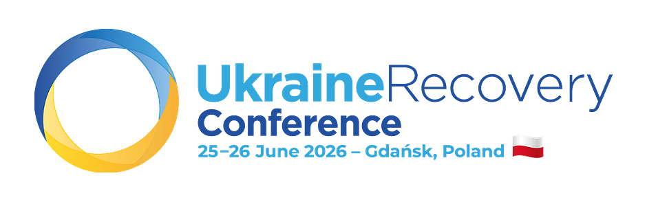 logo przedstawiajace koło z dwóch kolorów niebiesko żółty oraz napis Ukraine Recovery Conference