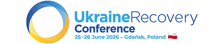 logo przedstawiające koło z dwóch kolorów niebiesko żółty oraz napis Ukraine Recovery Conference