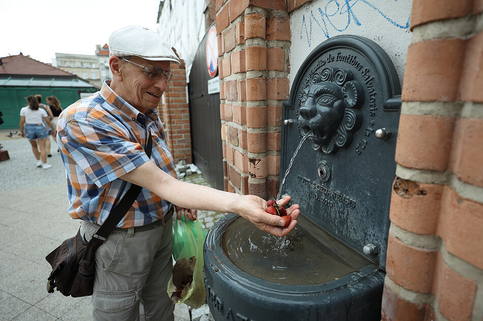 Zdroje miejskie. Mężczyzna płucze owoce w poidełku w Gdańsku.