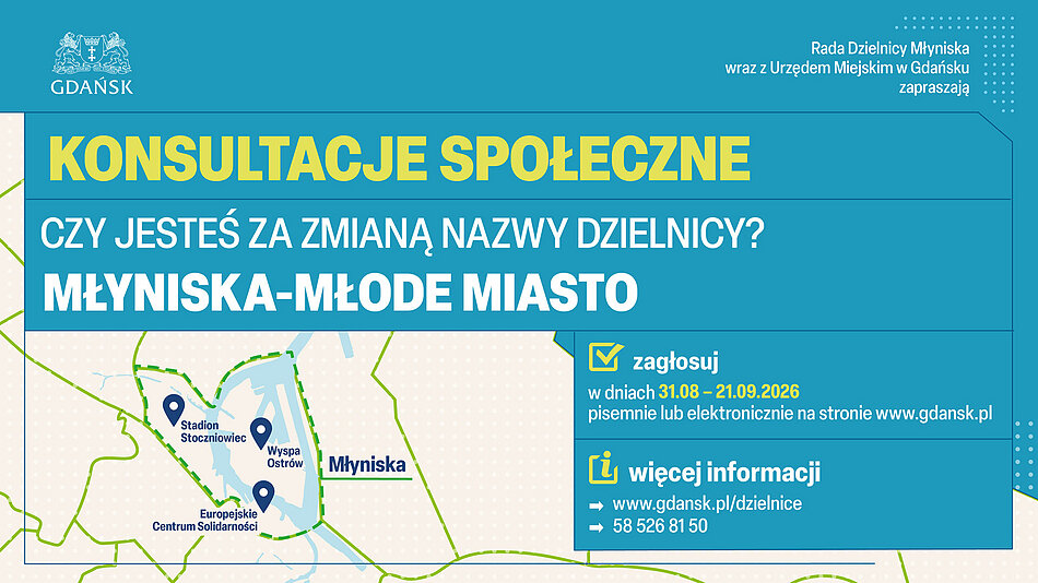 Grafika zachęcająca do wzięcia udziału w konsultacjach społecznych w sprawie zmiany nazwy Młyniska