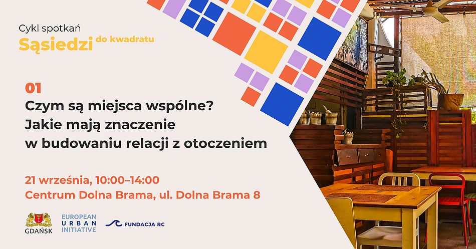 plakat promujący spotkanie opisane w materiale, ilustrowany stołem z krzesłami, z tytułem sąsiedzi do kwadratu